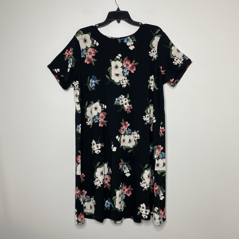 J Jill Wearever Size XL Knee Length Dress Black‎ Floral Short Sleeve Back Pleat